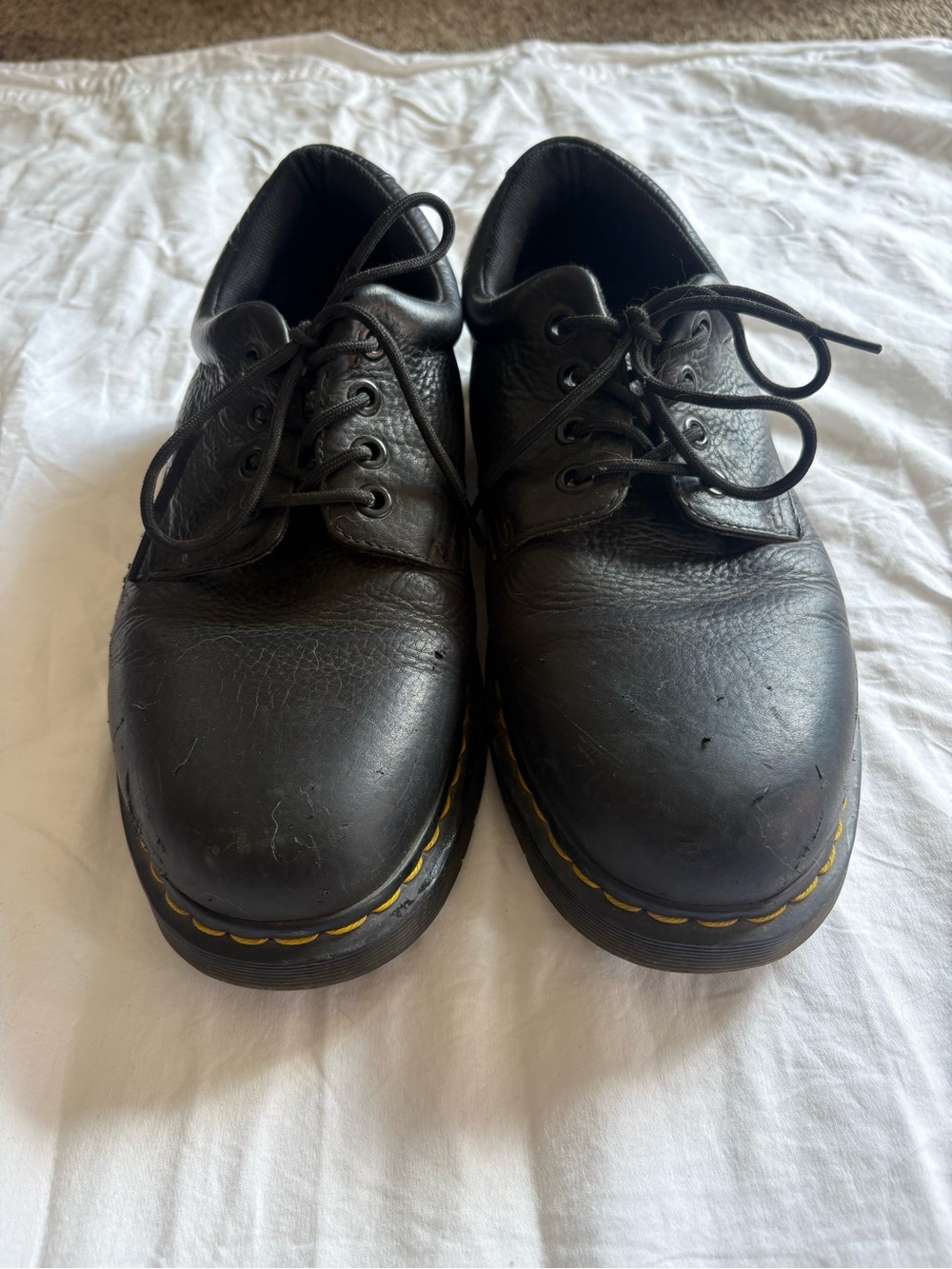 Dr. Martens Black Leather Derby Shoes with Yellow Stitching